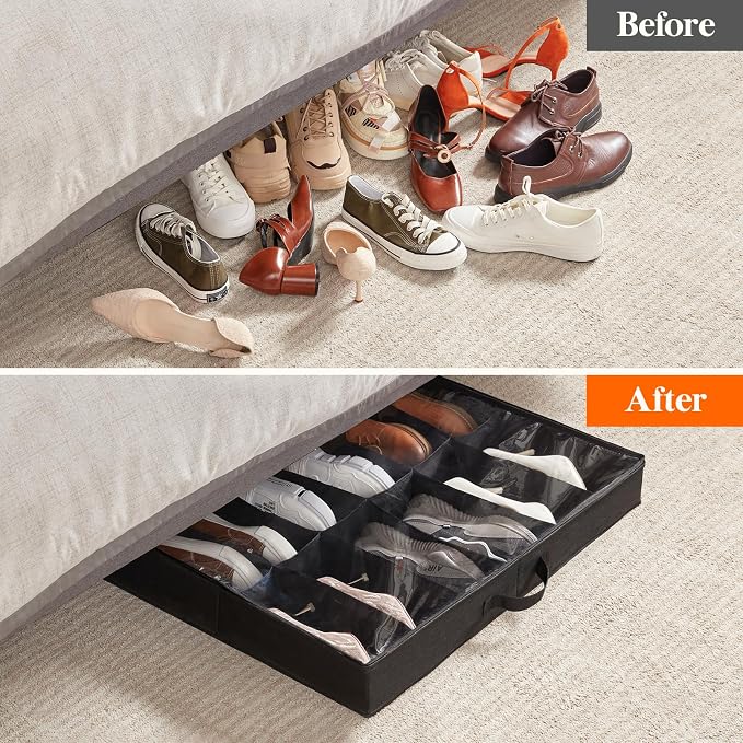 Lifewit Under Bed Shoe Storage Organizer 1 Pack(12 Shoes Cells), 4.3 Inches Profile Fabric Shoes Container Box with Clear Cover, Foldable Storage Bag with 2 Handles, Fits 6 to 12 Pairs