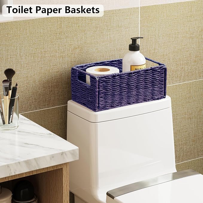 Vagusicc Wicker Storage Basket, Set of 2 Hand-Woven Paper Rope Wicker Basket, Small Storage Baskets for Organizing Toilet Paper, Foldable Small Cube Organizer Bins for Shelves (Purple)