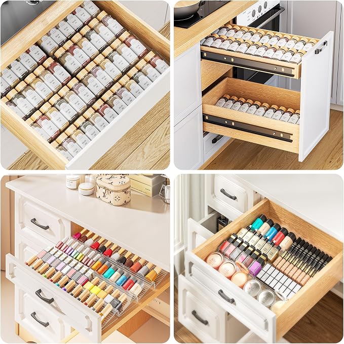 MUDEELA Clear Spice Drawer Organizer, 4 Tier- 2 Set (8 Packs) Spice Rack for Drawer, Expandable From 11" to 22" Kitchen Seasoning Organizers and Storage for Drawer (Jars not included)