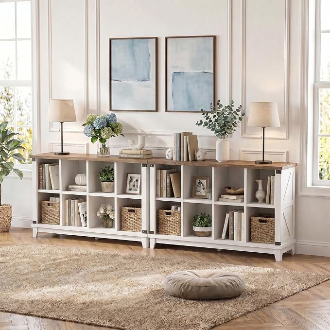 EnHomee Farmhouse 8-Cube Storage Organizer for Living Room, White | Home Organization Lovers, Wood & Metal, Holds 352 Lbs, Anti-Tip & Stabilizers