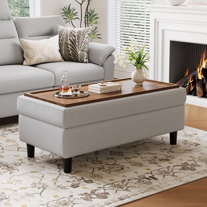 LINSY HOME 46 Inches Wide Storage Ottoman Bench, Linen Coffee Table Long Shoes Bench Footstool, Storage Chest, Foot Rest Stool, for The Living Room, Entryway and Family Room (Grey)