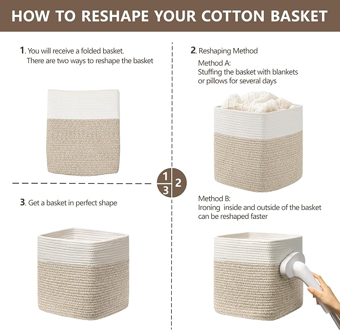 joybest 11inch Cube Storage Bins, Cotton Rope Woven Organizer Basket | Set of 4 Cube Bin Square Shelves Organizer Closet Storage, Nursery, Toy Organization, Brown&White