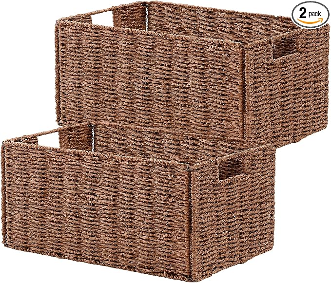 Vagusicc Wicker Storage Basket, Set of 2 Hand-Woven Paper Rope Wicker Basket, Small Storage Baskets for Organizing Toilet Paper, Foldable Large Cube Storage Organizer Bins for Shelves (Brown)