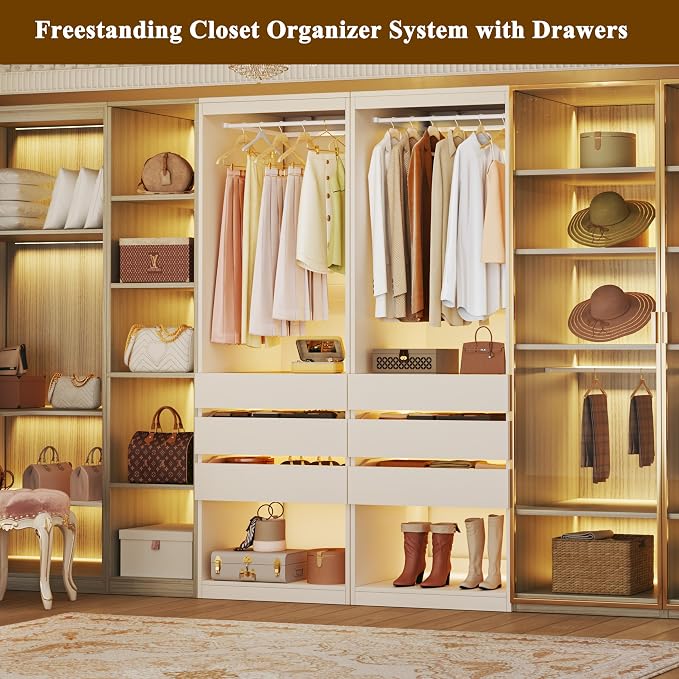 HUAHUU Freestanding 2FT Closet System with 3 Wood Drawers & Glasstop, 24" Closet Organizer System with Hanging Rod & LED Lights, Walk-in Closet Systems for Small Closets, White (24"L x 16" W x 80" H)