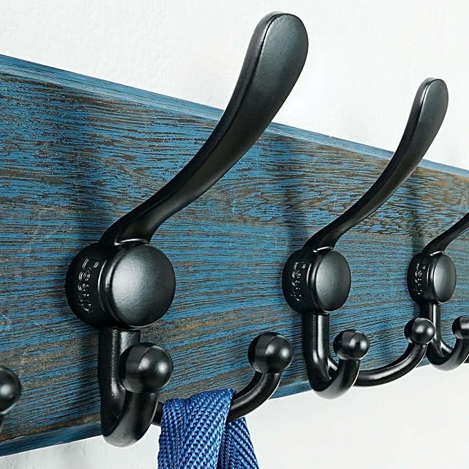 Coat Rack Wall Mount - Heavy-Duty Robust Barnwood-Style Wooden Wall Coat Hanger Hook Rail with 5 Triple Hooks for Winter Coats Hat Jacket Clothing, Weathered Blue & Black