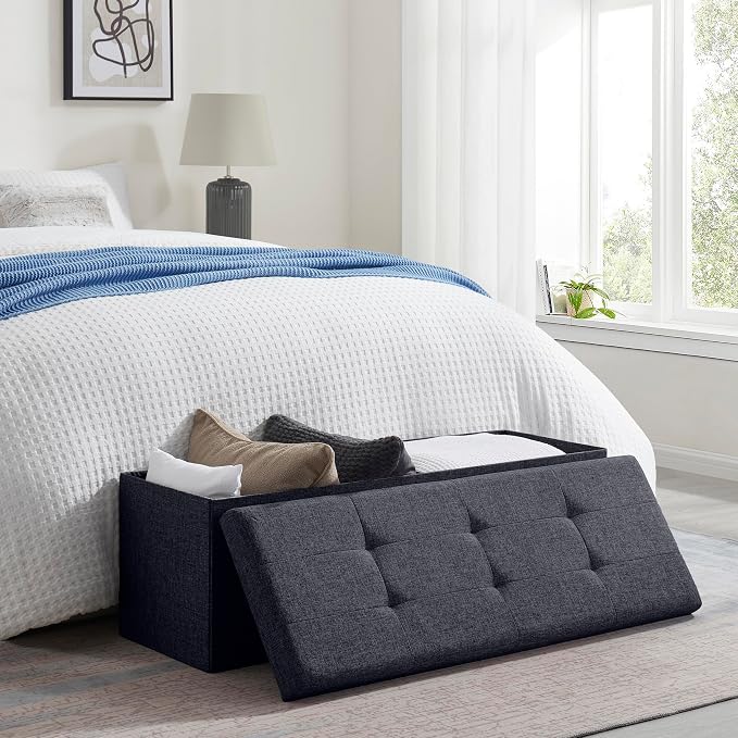 Ornavo Home 43 Inch Folding Extra Large Storage Bench, Linen, Black | Upholstered Tufted Ottoman with Lid; Foot Rest Stool; Ideal for Bedroom, Living Room or Entryway