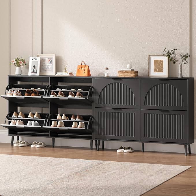 BORNOON Shoe Cabinet for Entryway with 4 Flip Drawers, Slim Wooden Shoe Storage Organizer with Modern Fluted Pannel，Freestanding Narrow Hidden Shoe Rack for Hallway, Foyer, Living Room