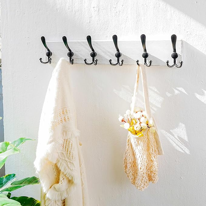 Coat Rack Wall Mounted - 24" Long 6 Tri Hooks, Heavy Duty Wooden Wall Coat Hanger Coat Hook for Clothes Hat Jacket Clothing, White and Black, Pack of 2