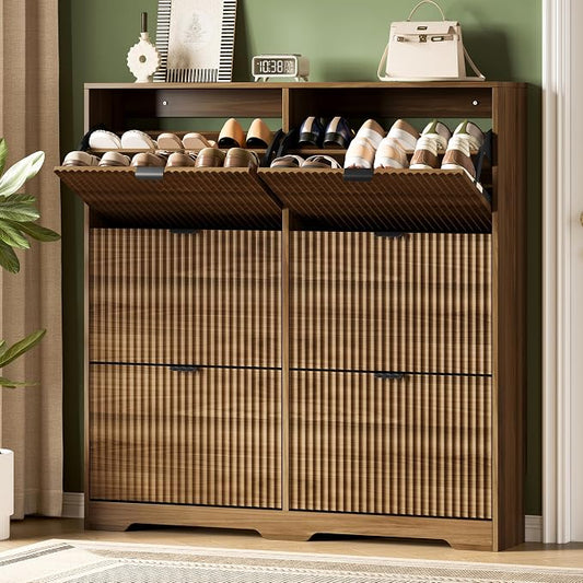Xixini Shoe Storage Cabinet for Entryway with 6 Flip Drawers, Hidden Slim Wood Shoe Organizer with Modern Fluted Panel, Freestanding Narrow Shoe Rack for Front Door Entrance, Hallway, Foyer, Walnut