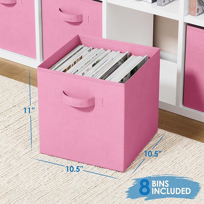 Storage Cubes - 11 Inch Cube Storage Bins (Set of 8). Fabric Cubby Organizer Baskets with Dual Handles | Foldable Closet Shelf Organization Boxes (Light Pink)