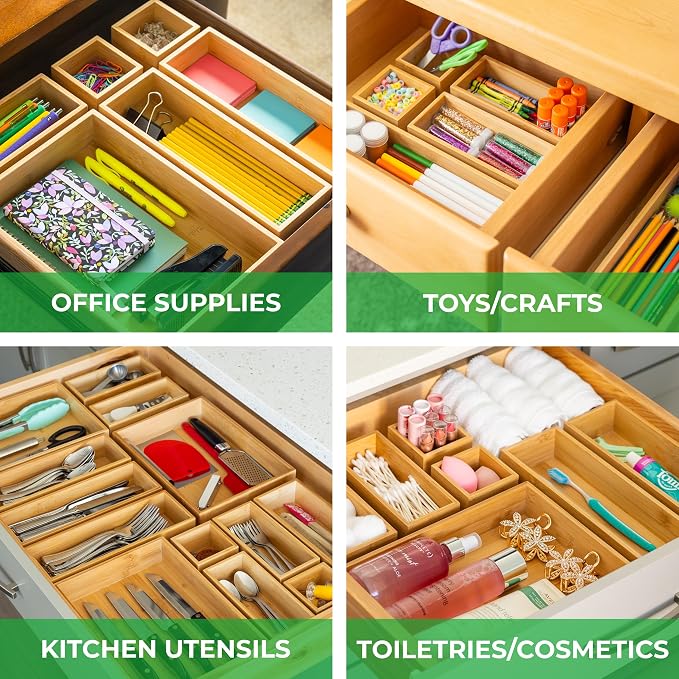 Grow Forward Bamboo Drawer Organizer Boxes - Set of 7 Wooden Drawer Organizers for Kitchen, Bathroom, Office, Desk, Vanity, Makeup - Non-Slip Junk Drawer Organizer Trays for Storage and Organization