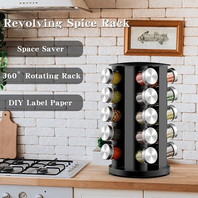Handisen Rotating Spice Rack Organizer for Cabinet, Spice Racks Storage with 20 Jars, Spinning Spice rack for Kitchen Countertop, Spice Holder,Seasoing Storage Racks, Silver