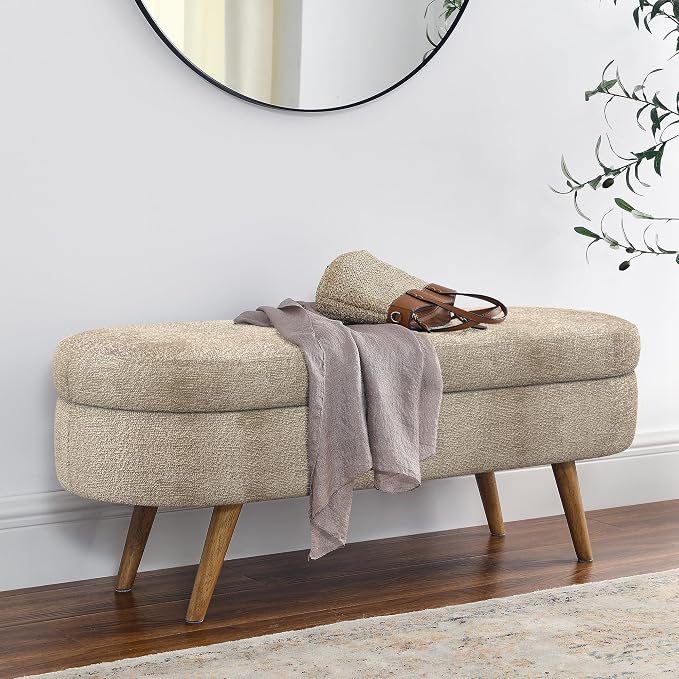43.5” Storage Ottoman Bench，Upholstered Oval End of Bed Bench for Bedroom | Modern Linen Ottoman with Storage, Entryway Foot Rest with Wooden Legs, Lift-Top Lid with Safety Hinge, Living Room,Brown