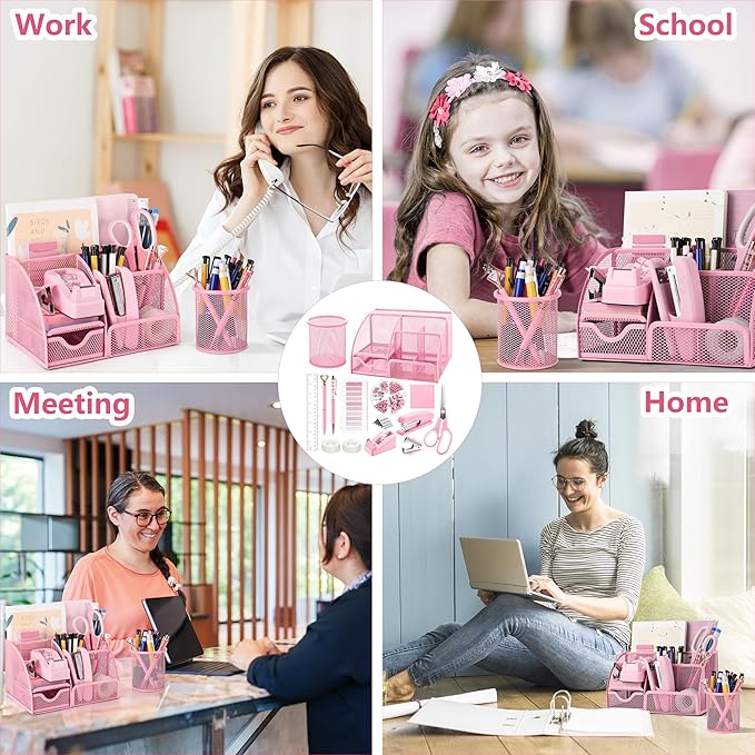 Fayoo 11 Pcs Pink Office Supplies Set Mesh Desk Organizer Accessories Kit | Include Stapler, Tape Dispenser, Staple Remover, Clips, Ruler, Scissors, Sticky Notes, for Office, School, Home, Women