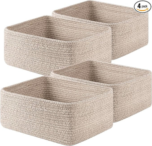 OIAHOMY 4 Pack 14.17 * 11.02 * 6.3IN Storage Baskets for Organizing Shelves, Woven Rope Baskets for Organizing Books, Clothes, Decorative Basket for Living Room, Nursery, Bedroom, Gift Basket, Brown
