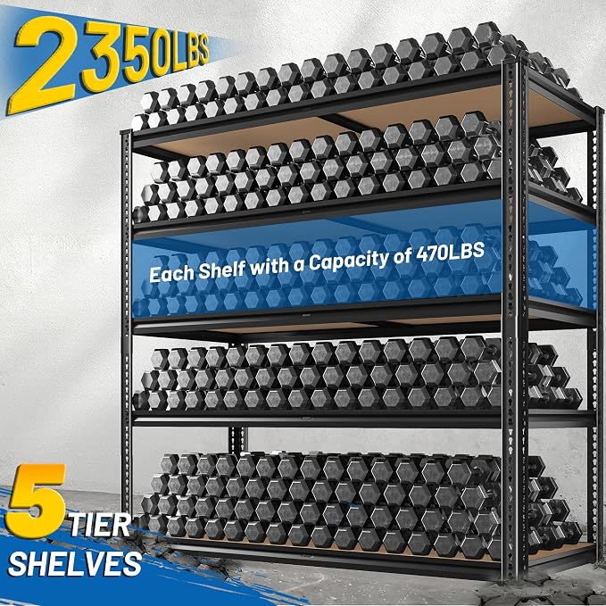 ROOMFAVE 40" W Storage Shelves 5 Tier Garage Shelving Heavy Duty,2350LBS Adjustable Metal Shelving Unit, Garage Shelves for Basement, Warehouse, Pantry, Closet, Kitchen 72.1" H x 40" W x 20" D, Black