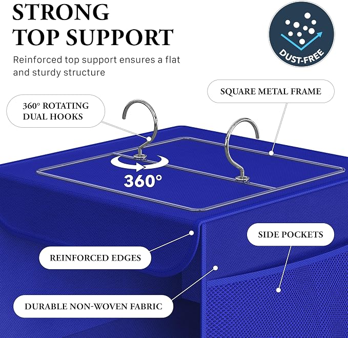 Simple Houseware 5 Shelf Hanging Closet Organizer, Dark Blue | 360° Rotating Dual Hooks, Top Support Metal Frame, 6 Side Mesh Pockets