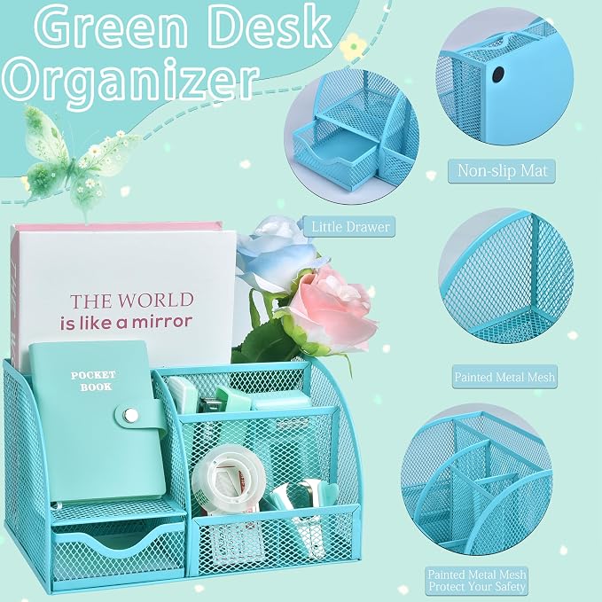 Green and Blue Desk Accessories, 26Pcs Office Supplies and Desk Organizers, with Tape Dispenser, Stapler, Staple Remover, Ect, Gift Box Packaging
