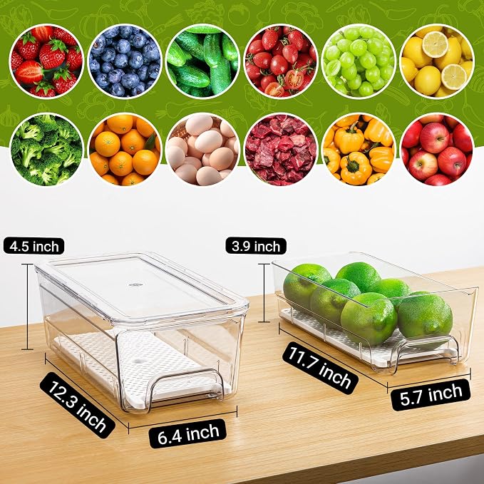 Imncya 4 Pack Fridge Organizer Drawers Bins, Clear Stackable Pull Out Refrigerator Drawer Organizer, Fridge Storage Container with Lids for Fruits, Vegetables, Drinks and Food