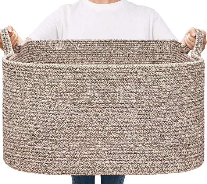 Goodpick Large Woven Storage Basket, Rectangle Organizer, Brown | 21.6 x 14.9 x 11.8 in, Cotton Rope, Living Room, Bedroom & Nursery Organization, Blankets, Toys & Clothes Storage