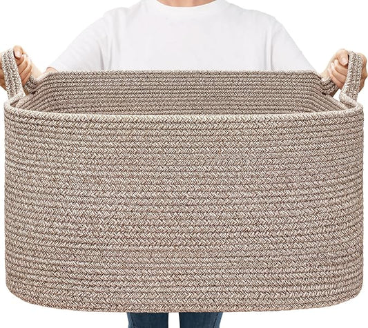 Goodpick Large Woven Storage Basket, Rectangle Organizer, Brown | 21.6 x 14.9 x 11.8 in, Cotton Rope, Living Room, Bedroom & Nursery Organization, Blankets, Toys & Clothes Storage