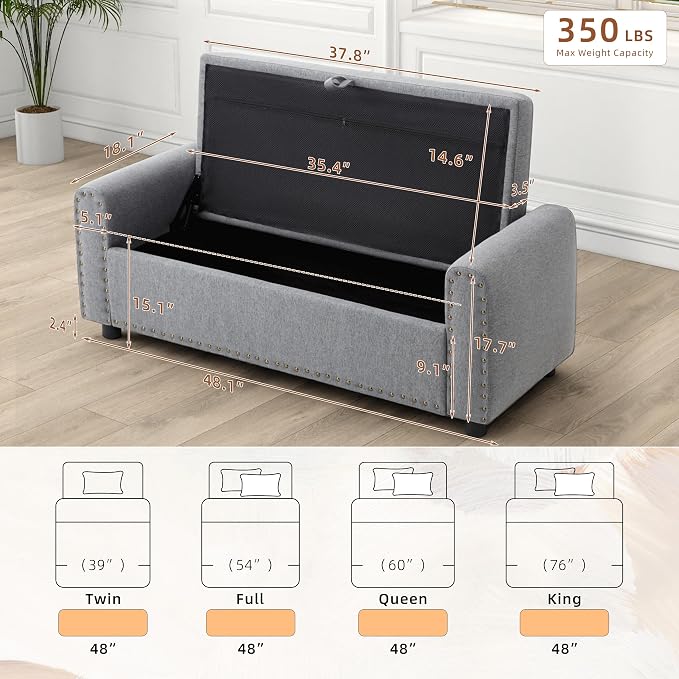 48" Ottoman with Storage, Tufted Storage Ottoman Bench, Convenient Living Room Fabrics Bench Seat, Entryway Shoe Benches with Inner Zipper&Arm, Upholstered Window Seat Ottomans with Rivets, Dark Grey