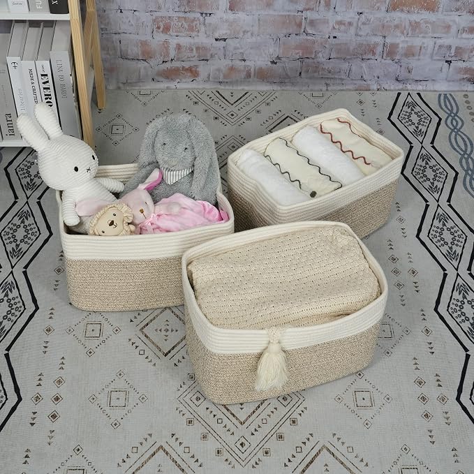 XUANGUO Woven Cotton Rope Storage Baskets 15x10x9.3" 3 Pack White and Brown | Decorative rectangular storage baskets for shelves and closets; storage bins organize clothes, toys, books and nursery items.