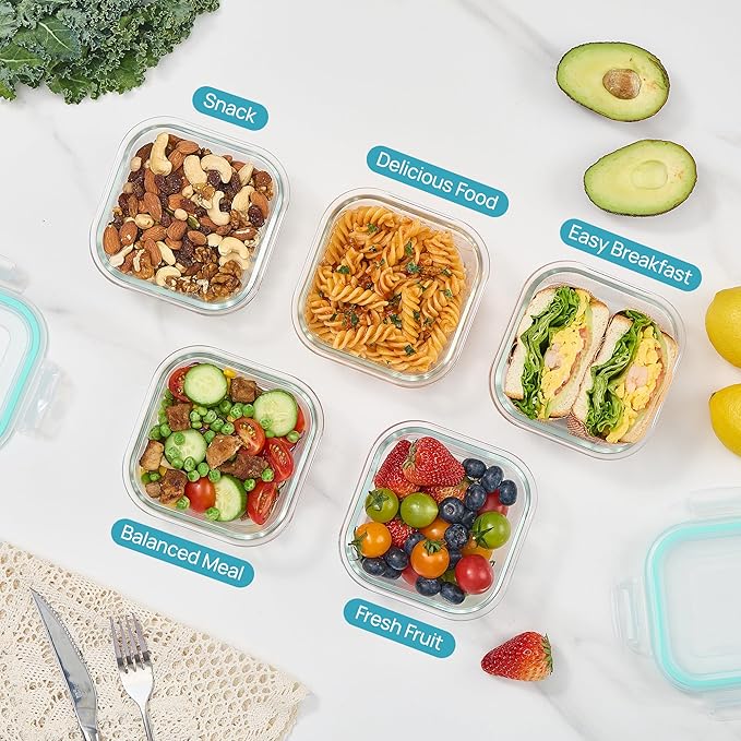 Vtopmart 2Pack 17.5oz Glass Meal Prep Food Container Sets with Lids | Glass Storage Containers with Snap Airtight Lids for Microwave, Oven, Freezer and Dishwasher, BPA Free