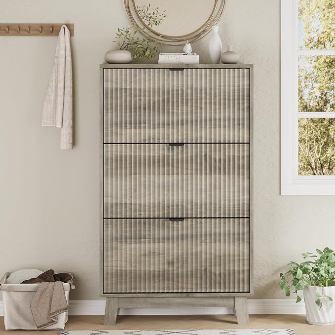 Xixini Shoe Cabinet with 3 Flip Drawers, 54" Tall Narrow Fluted Shoe Storage Organizer for Entryway, Hidden Slim Wooden Shoe Rack Cabinet for Front Door Entrance, Hallway, Living Room, Light Grey