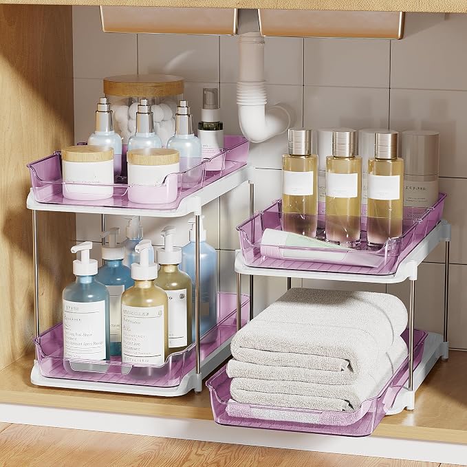 Delamu 2-Tier Multi-Purpose Bathroom Under Sink Organizers and Storage, Stackable Kitchen Pantry Organization, Pull Out Medicine Cabinet Organizer with Movable Dividers, Purple, 2 Pack