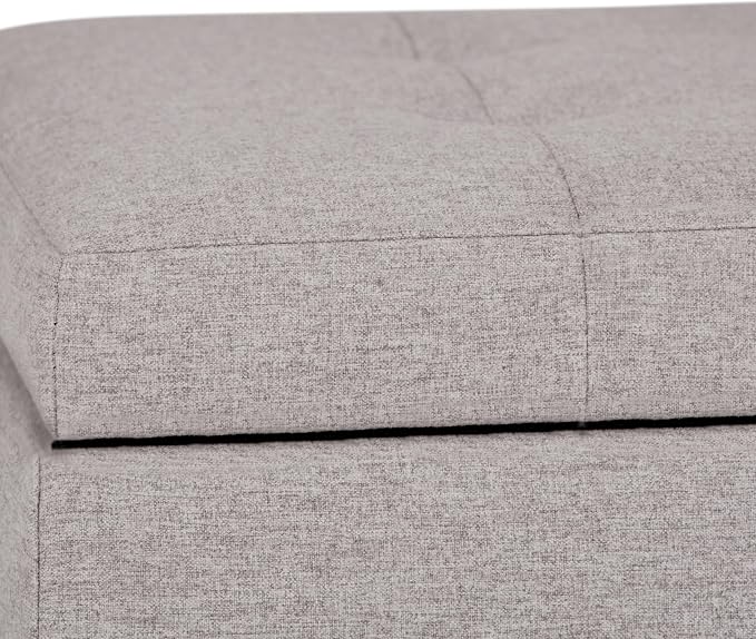 SIMPLIHOME Cosmopolitan 34" Wide Vegan Leather Storage Ottoman in Cream | Cloud grey, transitional storage ottoman with tufting and lift-up lid; rectangle storage bench for living room or entryway.