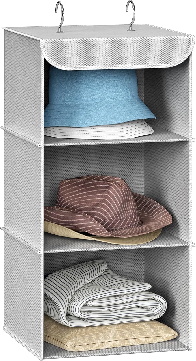 Simple Houseware 3 Shelf Hanging Closet Organizer, Gray | 360° Rotating Dual Hooks, Top Support Metal Frame