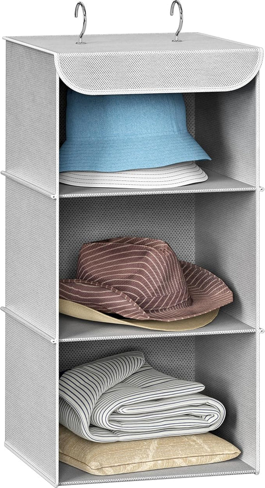 Simple Houseware 3 Shelf Hanging Closet Organizer, Gray | 360° Rotating Dual Hooks, Top Support Metal Frame