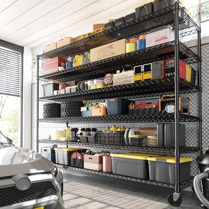 REIBII 6-Tier Wire Shelving Units with Wheels — 60" W Extra-Wide Heavy Duty Metal Shelving, 3,598 lbs Capacity, Adjustable Storage Racks for Garage, Pantry, Basement & Commercial Use, 2 Pack