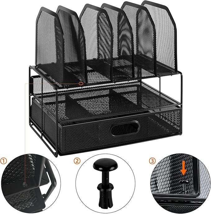 Amazon Basics Mesh Desk Organizer with Sliding Drawer, Double Tray and 5 Upright Sections, File Holder for Office Supplies, Paper Letter Tray, Black