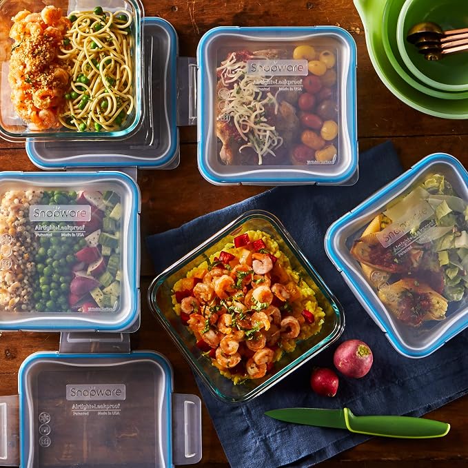 Snapware Glass Total Solutions (5-Pack, 4 Cup) Food Storage Containers Set, Airtight & Leakproof Plastic Locking BPA-Free Lids, Freezer Dishwasher Microwave Safe
