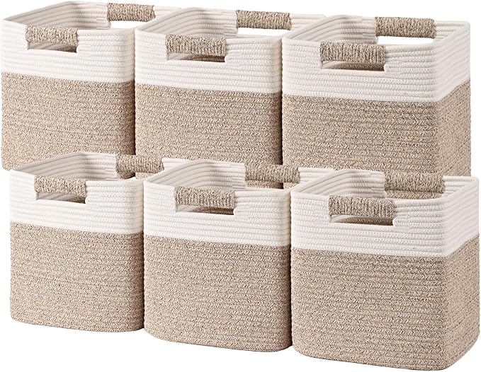 11 Inch Storage Cubes, 6 Pack Cube Storage Bins for Organizing, Cotton Rope Woven Baskets for Shelves, Bathroom, Kids Room, Closets, Baby Nursery