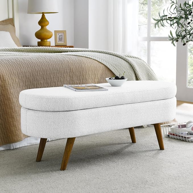 43.5" Ottoman with Storage, Storage Ottoman Bench with Safety Hinge, Linen End of Bed Bench, Upholstered Entryway Bench for Bedroom, Living Room & Window, Holds up to 330 lb, White
