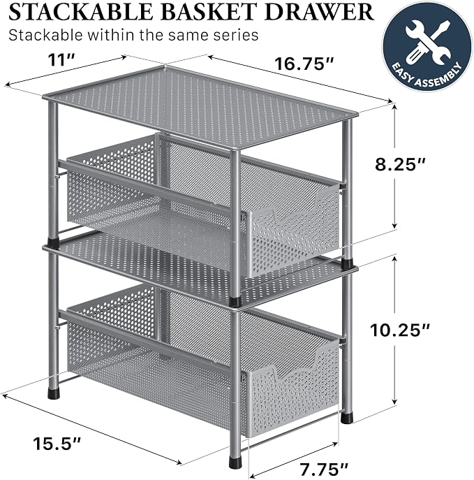 Simple Houseware Stackable Under Sink Sliding Basket Drawer, Silver | Perforated Free Standing Organizer, Kitchen/Pantry/Cabinet/Counter