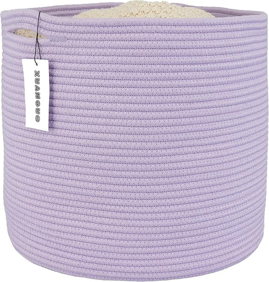 XUANGUO Cotton Rope Basket For Girls Boys Kids 16”X14” purple | Baby Laundry Baskets, Blanket Basket, Nursery Bin; Round Woven Basket Organizer for Toy Storage, Blankets, Shoes and Clothes