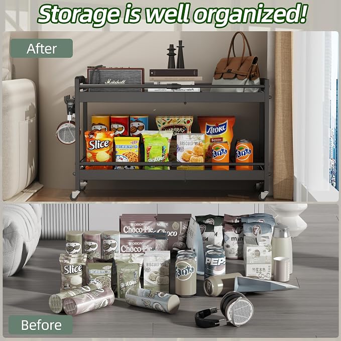 2 Tier Expandable Rolling Cart with wheels, pantry organizers and storage | kitchen Storage Cart for cans,food,snack and appliances，Adjustable shelf board height，Black,12.59"D×19.29-30.9"W×19.29"H