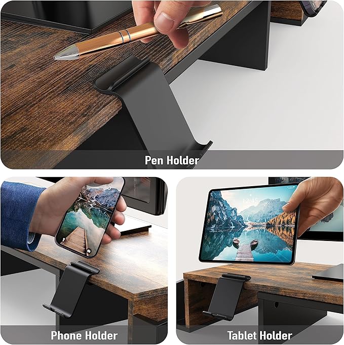 Simple Houseware Desk Dual Monitor Stand Riser with Drawer, Rustic Brown | Customizable Organizer Tray, Built-In Phone & Tablet Slot and Side Storage