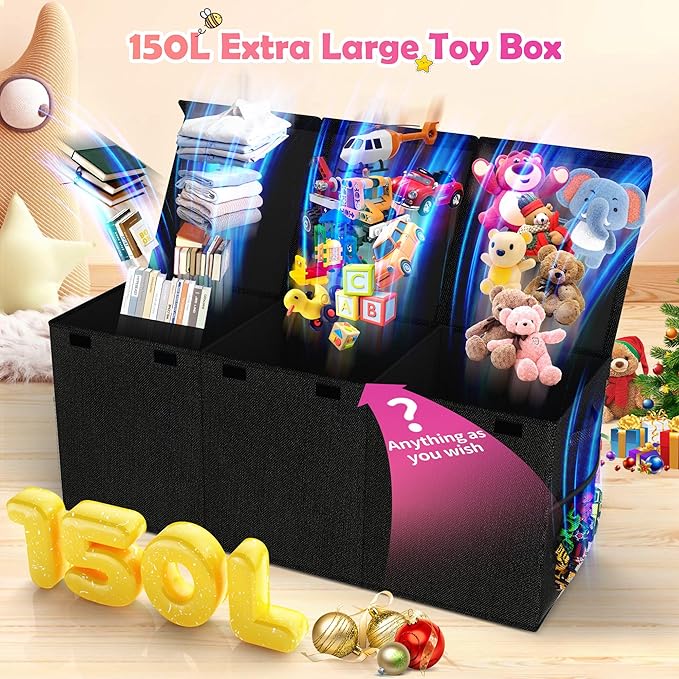 Extra Large Toy Box, Collapsible Toy Storage Organizer, 40"x16"x16", Black | Sturdy Kids Toys Bin Chest with 2 Mesh Pockets and Dividers for Boys Girls, Bedroom & Living room Toy Organization