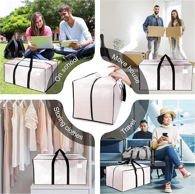 VELVETSURE 12 Pack Heavy Duty Large Moving Bags W/Backpack Straps - Strong Handles & Zippers, Storage Totes For Space Saving, Fold Flat, Alternative to Moving Box and Storage Bin, Semi-Transparent