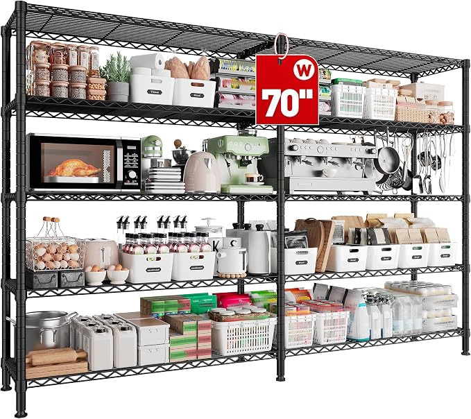 REIBII 70" W Storage Shelves, 1600LBS Heavy Duty & L/H Shaped, for Garage | 5-Tier Freestanding, Adjustable shelf, Powder Coated Moisture Resistant, Anti-Tipping Device, Leveling feet, for Kitchen