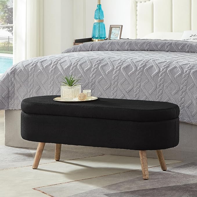 42.25" Ottoman with Storage, Storage Ottoman Bench with Safety Hinge, Boucle End of Bed Bench, Upholstered Entryway Bench for Bedroom, Living Room & Window, Holds up to 330 lb, Black