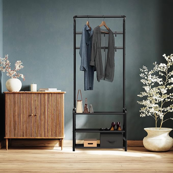 Simple Houseware Coat Rack with Shelf, Standing Hall Tree with Hooks, Black | For Entryway, Bedroom, Office, Black Metal Clothes Hanger Stand for Coats, Hats, Jackets, Bags