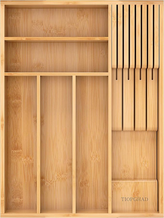 Small Bamboo Silverware Organizer Kitchen Utensil Tray, Natural | Removable Knife Block, Holds 7 Knives, Adjustable Dividers, 15.6 x 12 x 1.8 in, Drawer Insert for Utensils, Forks