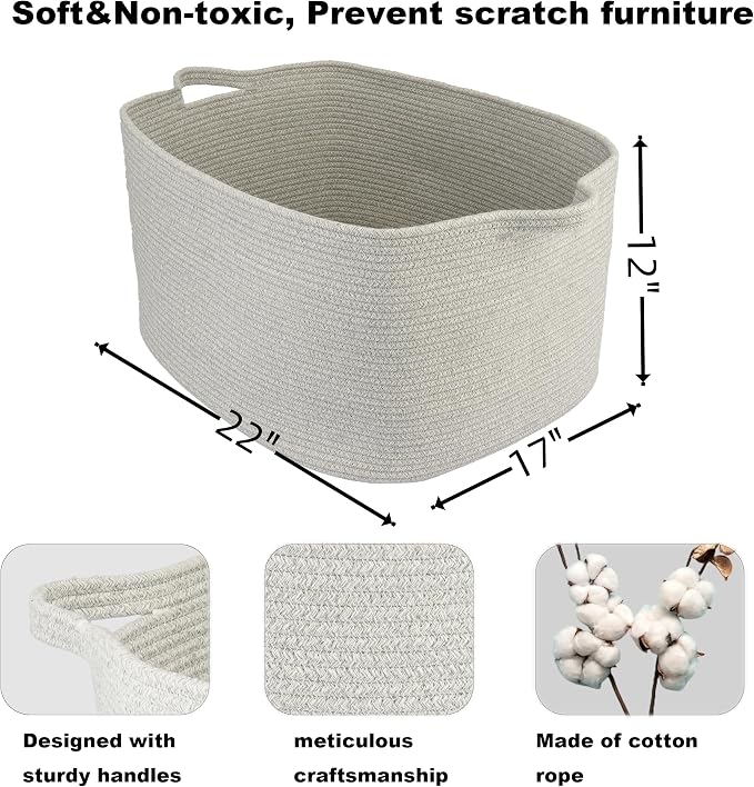 XUANGUO Large Rectangle Woven Cotton Rope Blanket Basket 22"x17"x12" Gray | Storage basket for nursery and living room; toy basket for kids, dog toy storage, or laundry basket for clothes and towels.