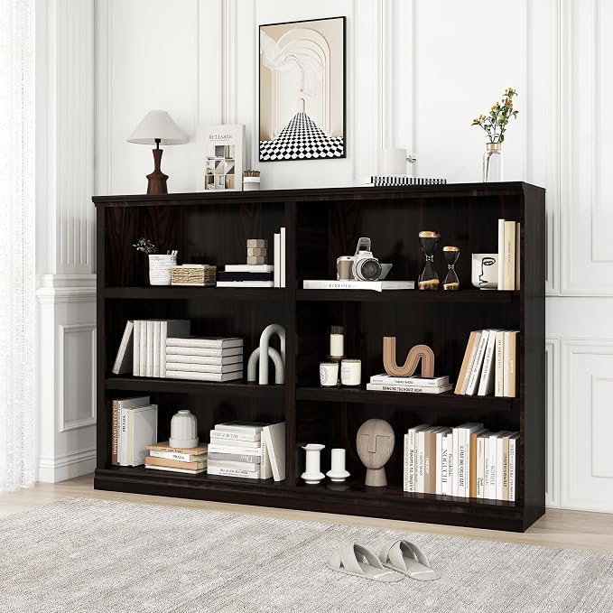 64" W Double Wide Open Shelf Bookcase, 3 Tiers 6 Storage Cube Book Shelf | Horizontal bookshelf, Display Cabinet Organizer Indoor Furniture, Home Library Office, Dark Cherry Adjustable Shelf